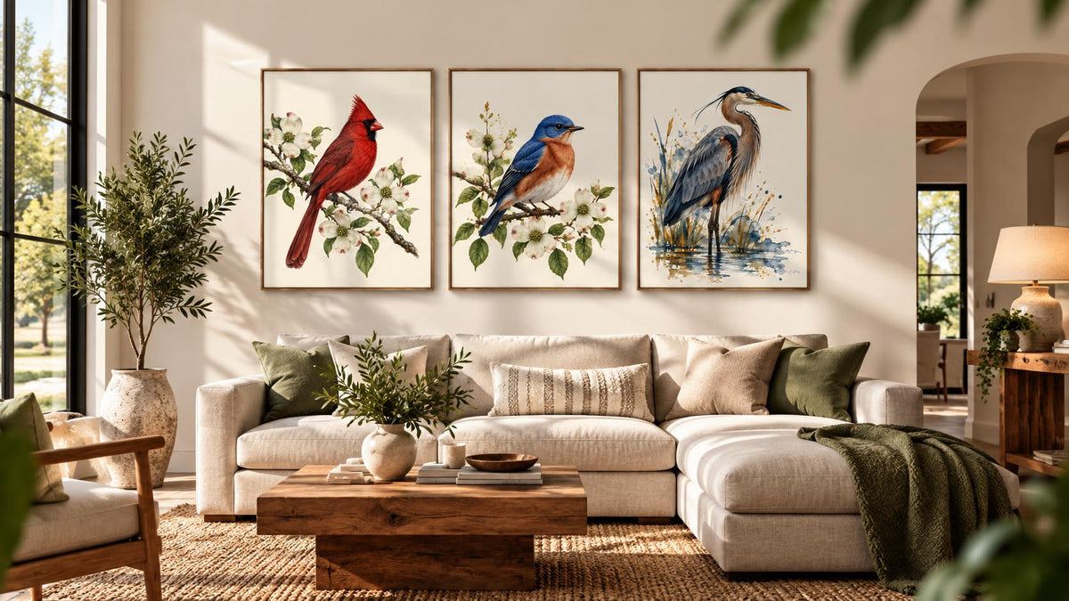 Three framed nature art prints of a cardinal, a bluebird, and a heron hanging on a beige wall above a modern beige sectional sofa in a bright, styled living room.
