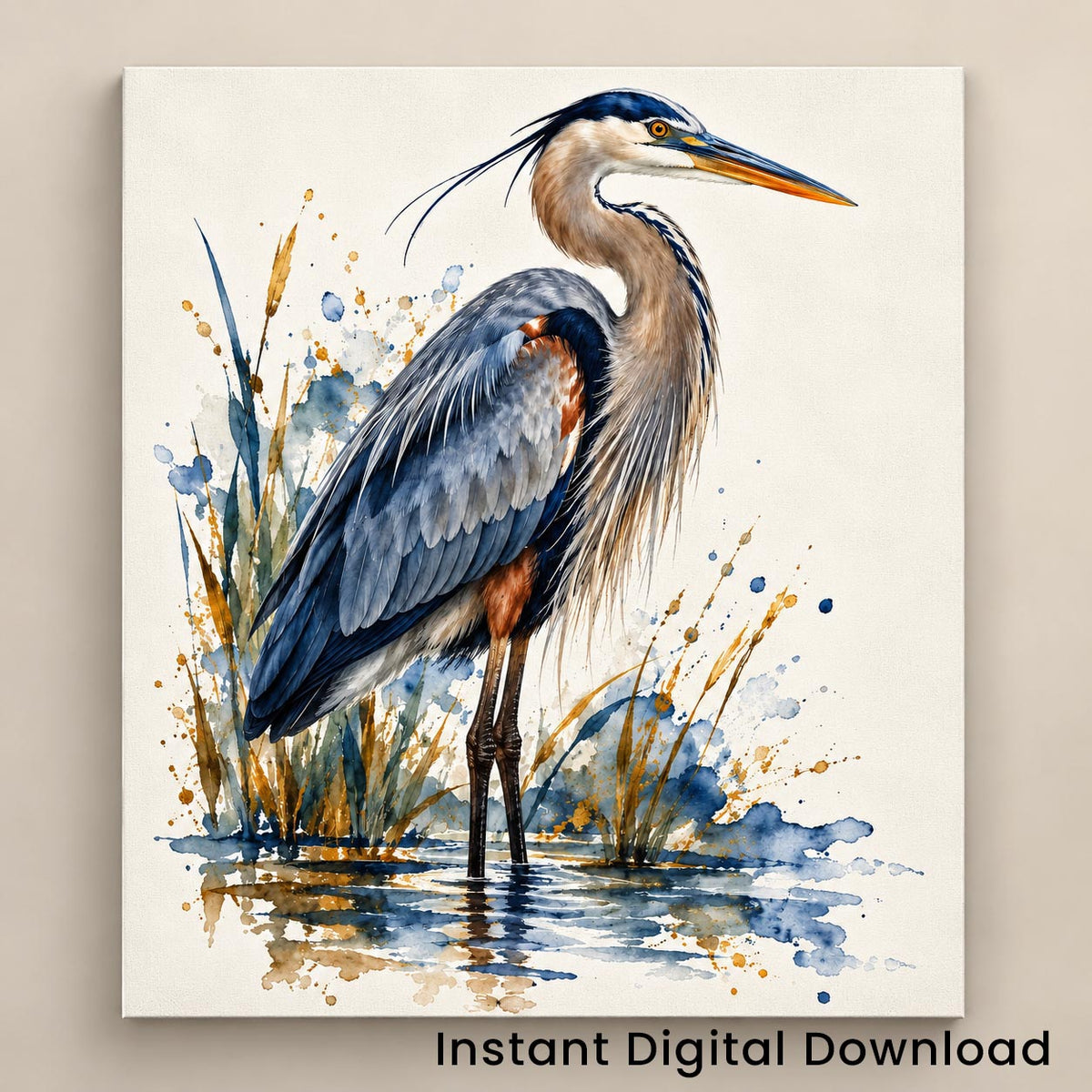Great Blue Heron Watercolor Art Print | Canvas & Digital Download
