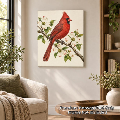 A vertical canvas wall art print showing a bright red cardinal perched on a flowering branch, displayed in a styled living room setting above a beige armchair and next to a wooden bookshelf. Text overlay at the bottom reads 'Premium Canvas Print Only Frame Not Included'.