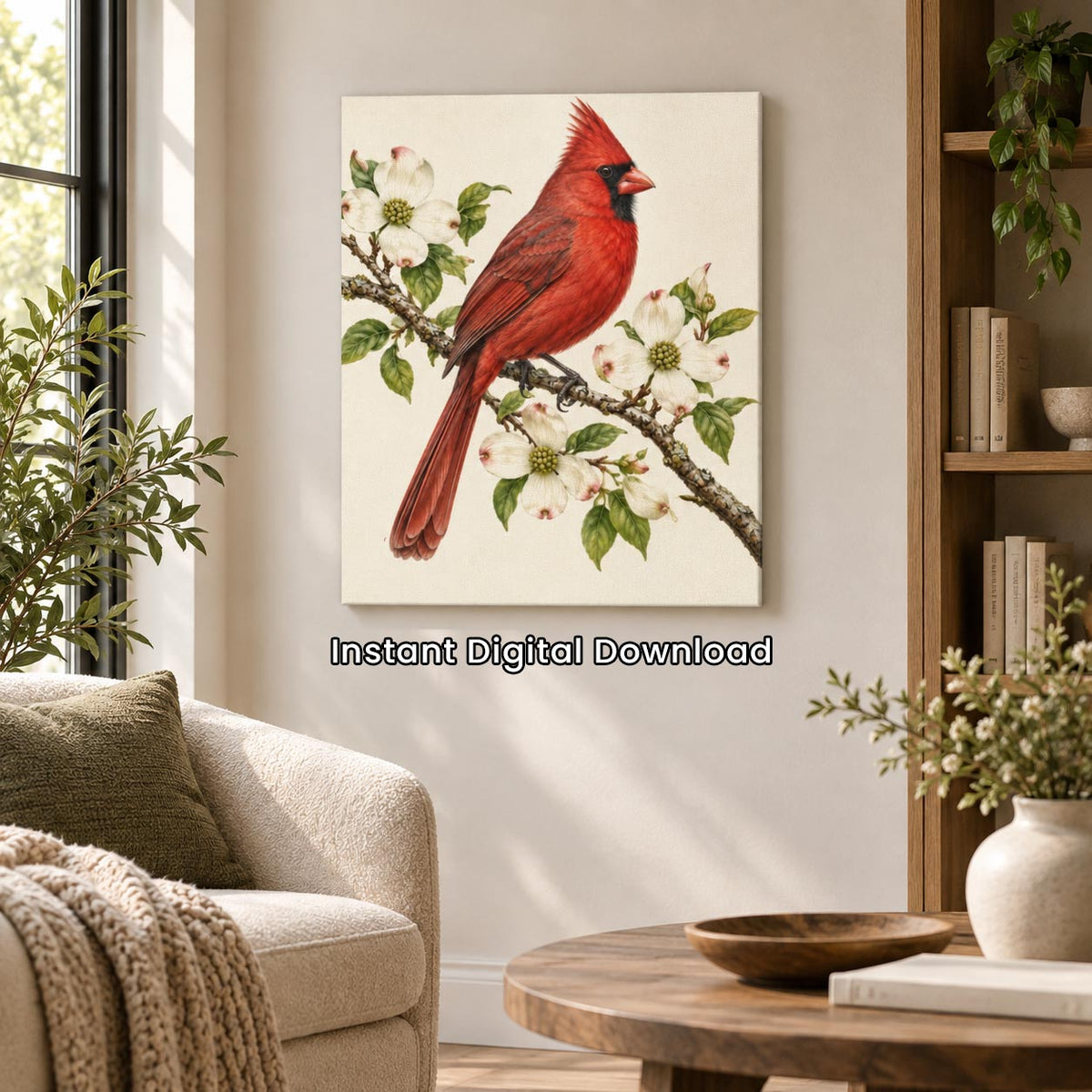 A framed-style wall art print showing a bright red cardinal perched on a branch with white blossoms, displayed in a styled living room. The print includes the text 'Instant Digital Download' below it, indicating this is a digital art file rather than a physical product photo.